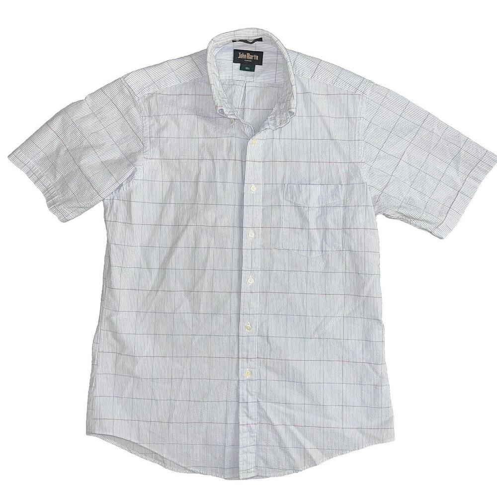 Vintage John Martin Seersucker Shirt Men's L Button Down Classic Window Pane